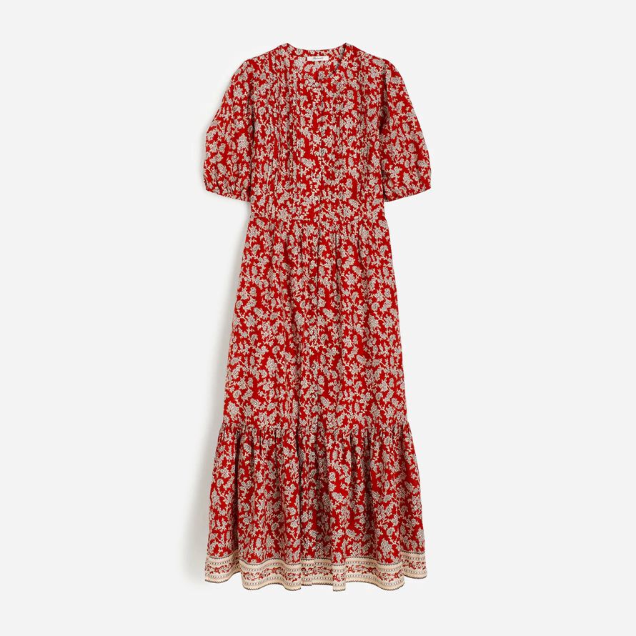 red white madewell pintucked puff-sleeve midi womens dress