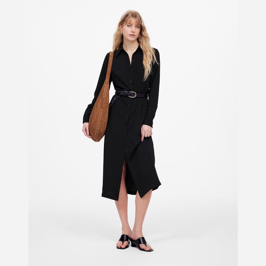 black womens madewell button-up midi shirt dress