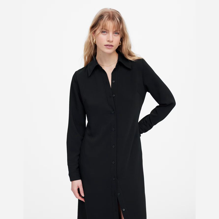 black womens madewell button-up midi shirt dress