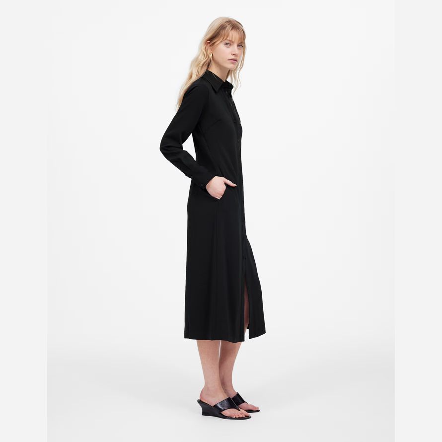 black womens madewell button-up midi shirt dress