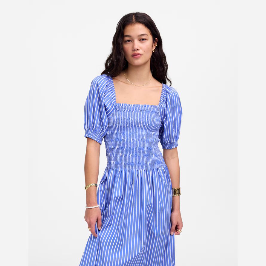 blue white madewell smocked puff sleeve midi womens dress