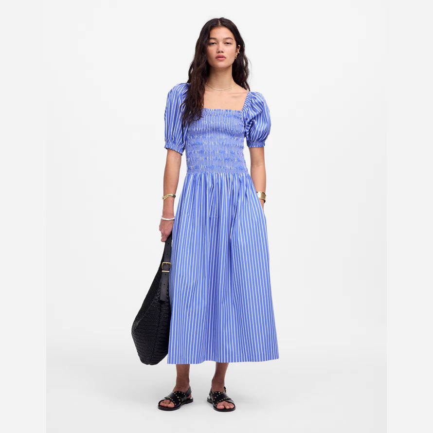 blue white madewell smocked puff sleeve midi womens dress
