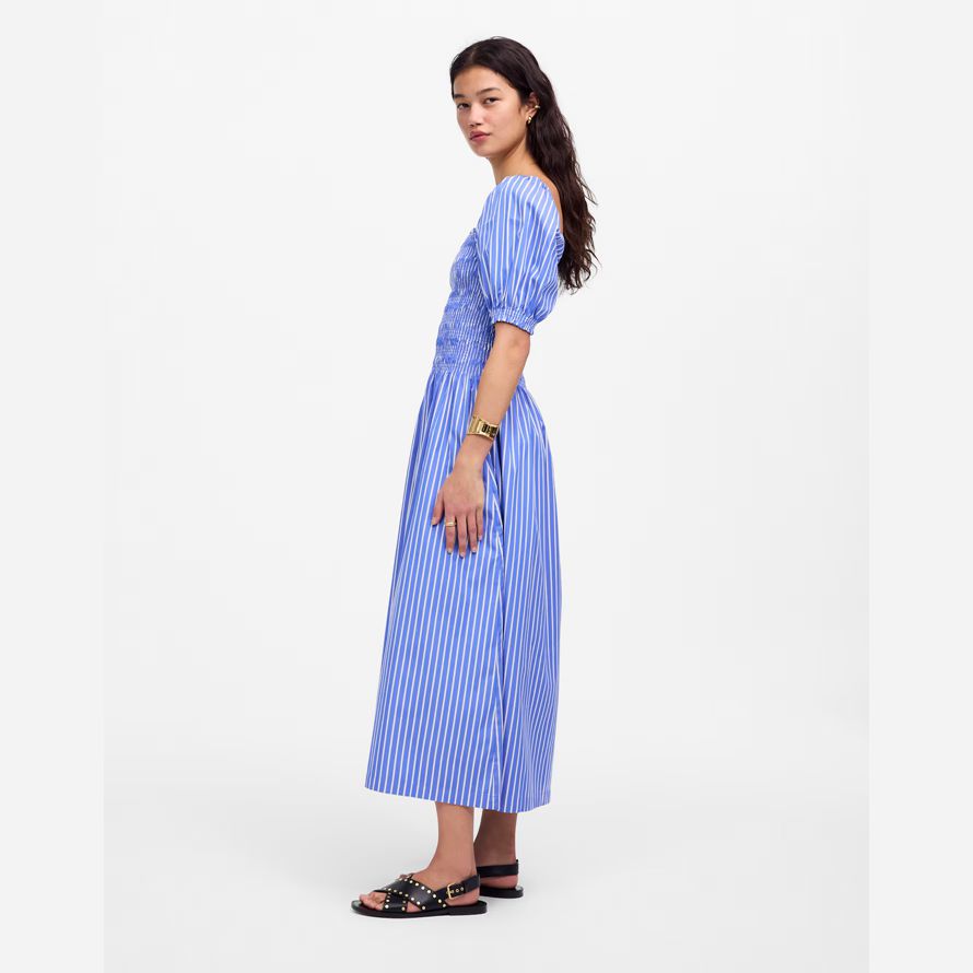 blue white madewell smocked puff sleeve midi womens dress