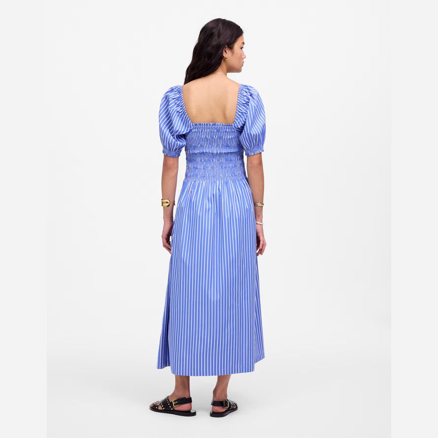 blue white madewell smocked puff sleeve midi womens dress