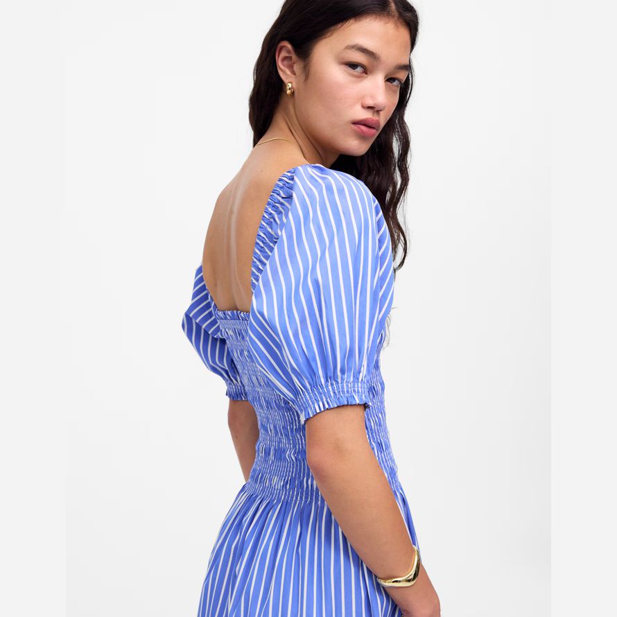 blue white madewell smocked puff sleeve midi womens dress