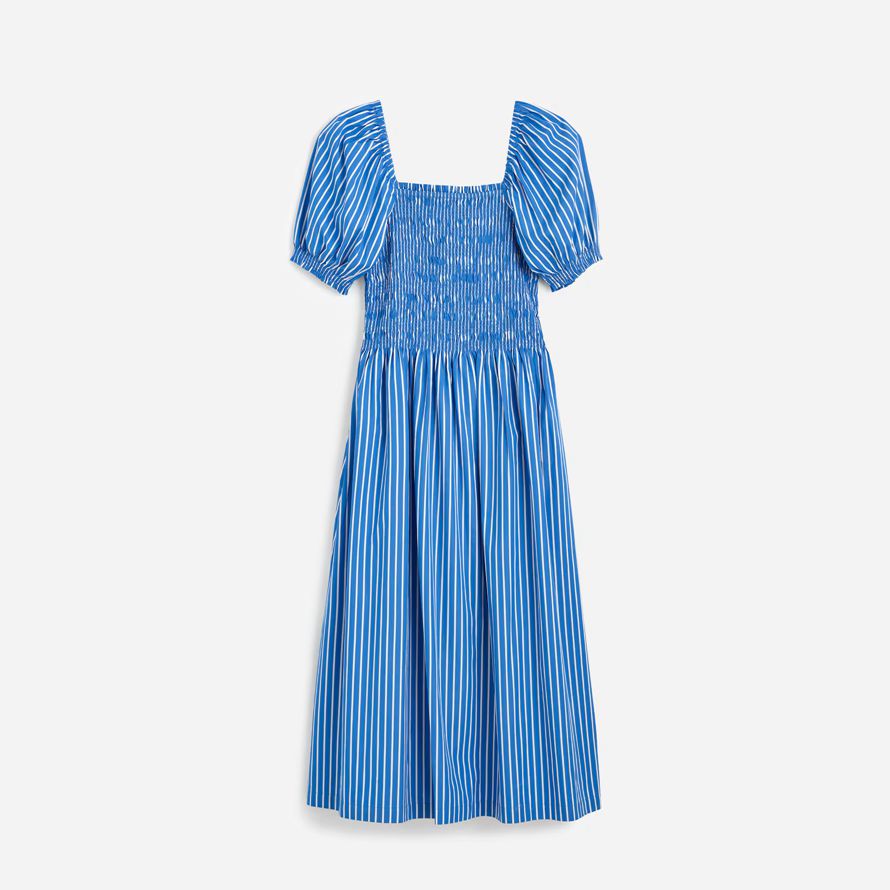 blue white madewell smocked puff sleeve midi womens dress