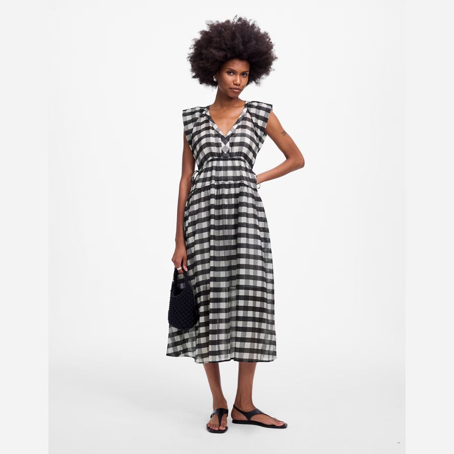 black white madewell sheer v-neck dolman maxi womens dress