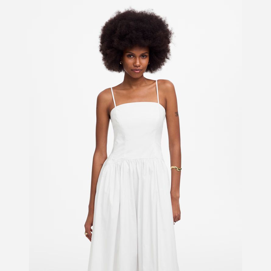 white womens madewell poplin seamed midi dress