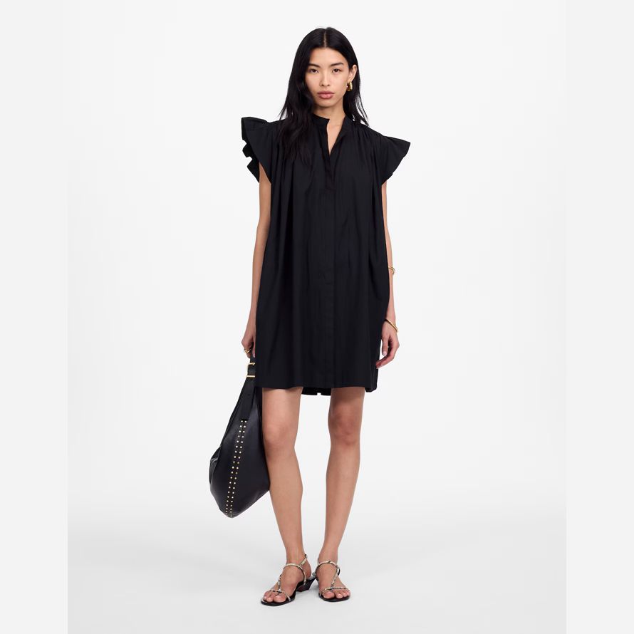 womens madewell flutter sleeve button-front mini dress black