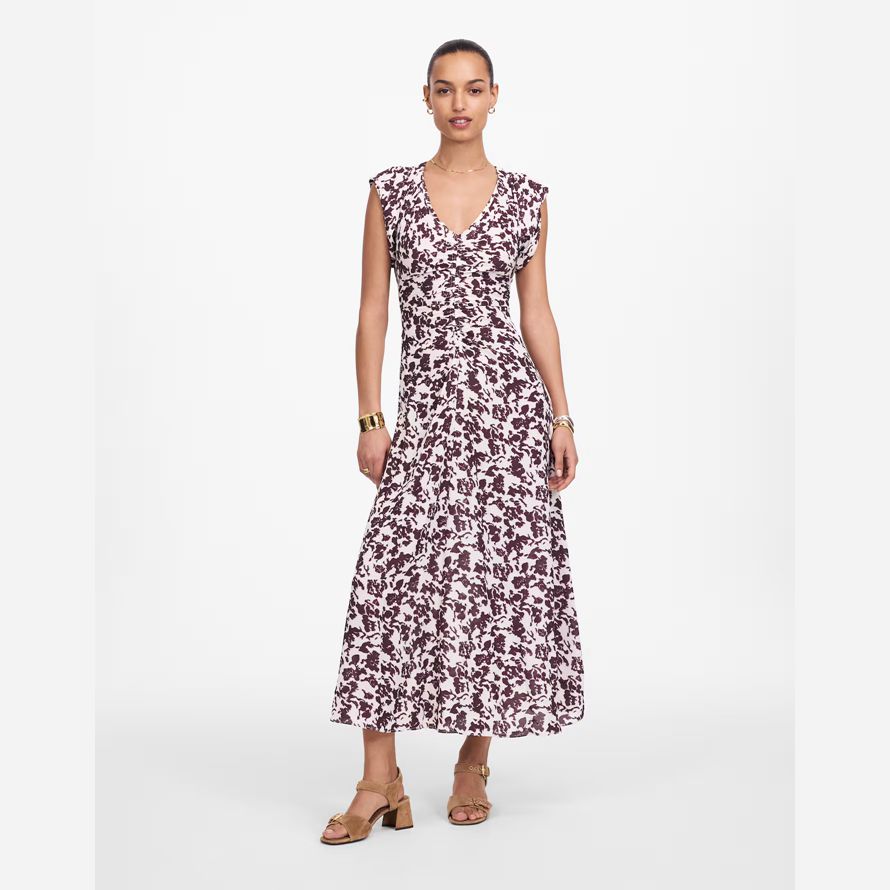madewell ruched flutter sleeve midi womens dress beige chocolate