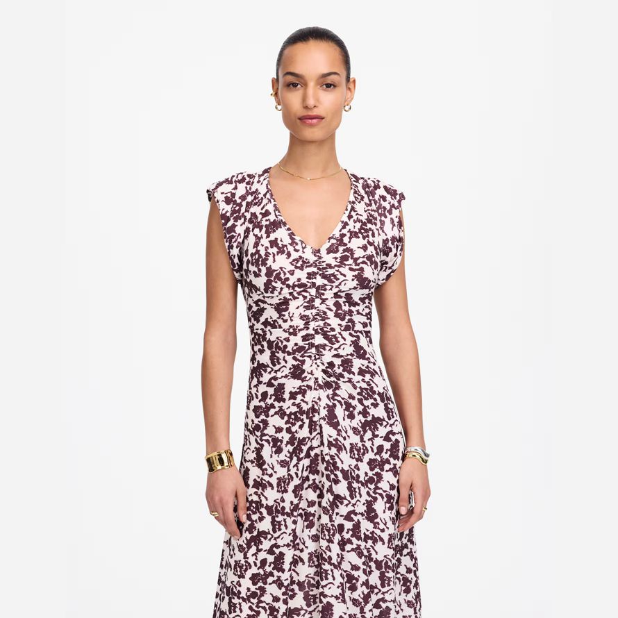 madewell ruched flutter sleeve midi womens dress beige chocolate