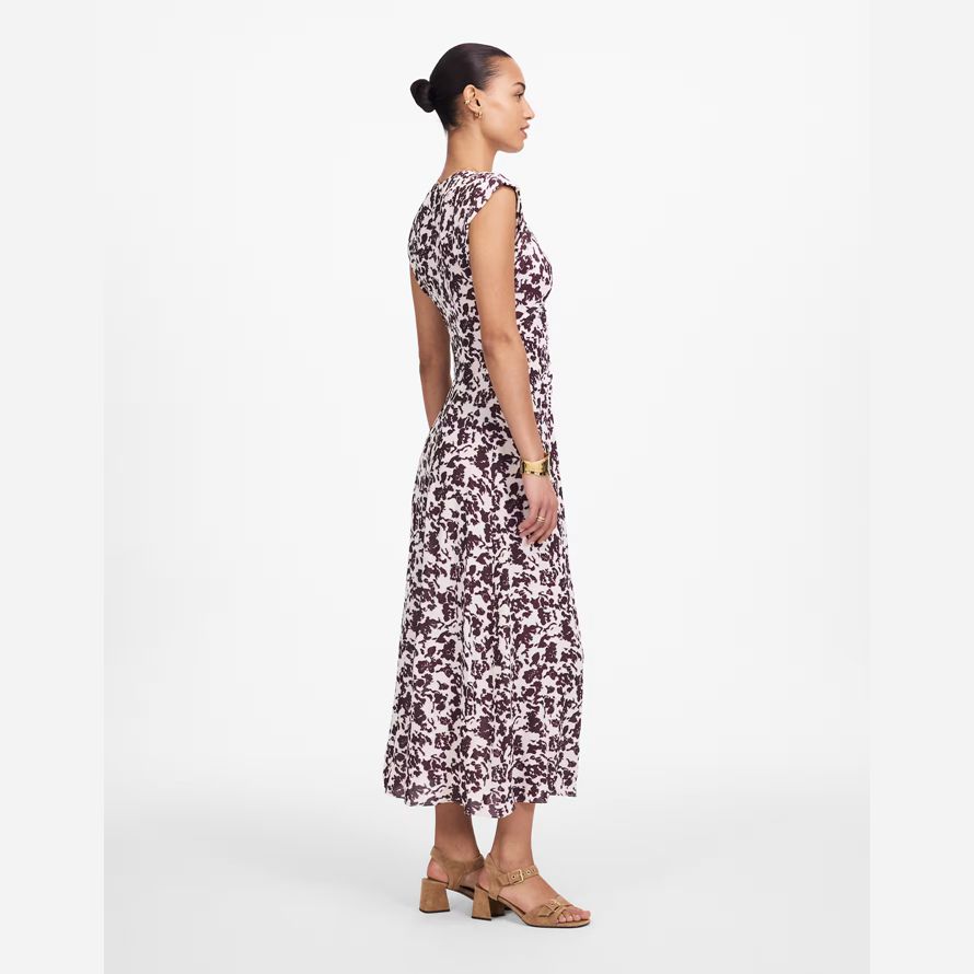 madewell ruched flutter sleeve midi womens dress beige chocolate