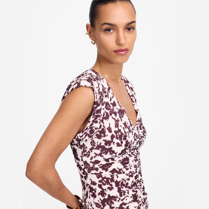madewell ruched flutter sleeve midi womens dress beige chocolate