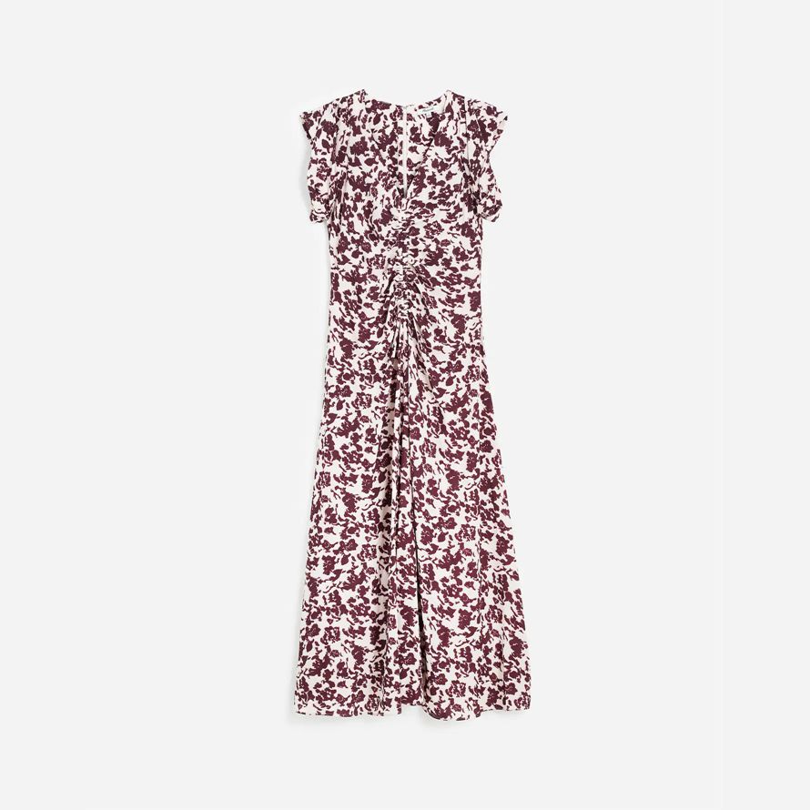 madewell ruched flutter sleeve midi womens dress beige chocolate