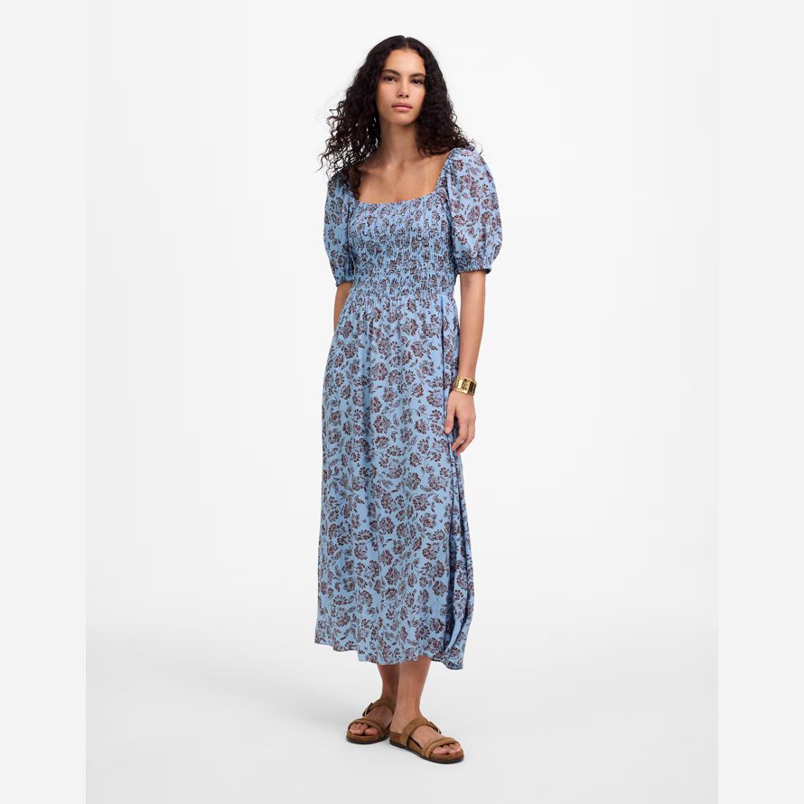womens madewell smocked puff-sleeve dress blue dark brown