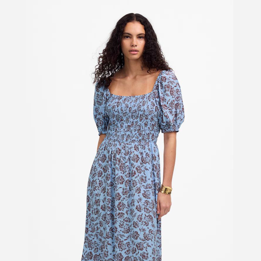 womens madewell smocked puff-sleeve dress blue dark brown