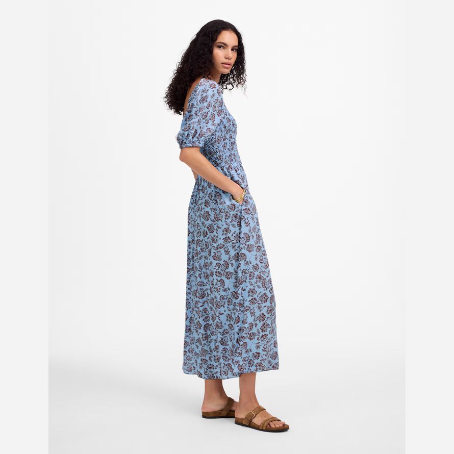 womens madewell smocked puff-sleeve dress blue dark brown
