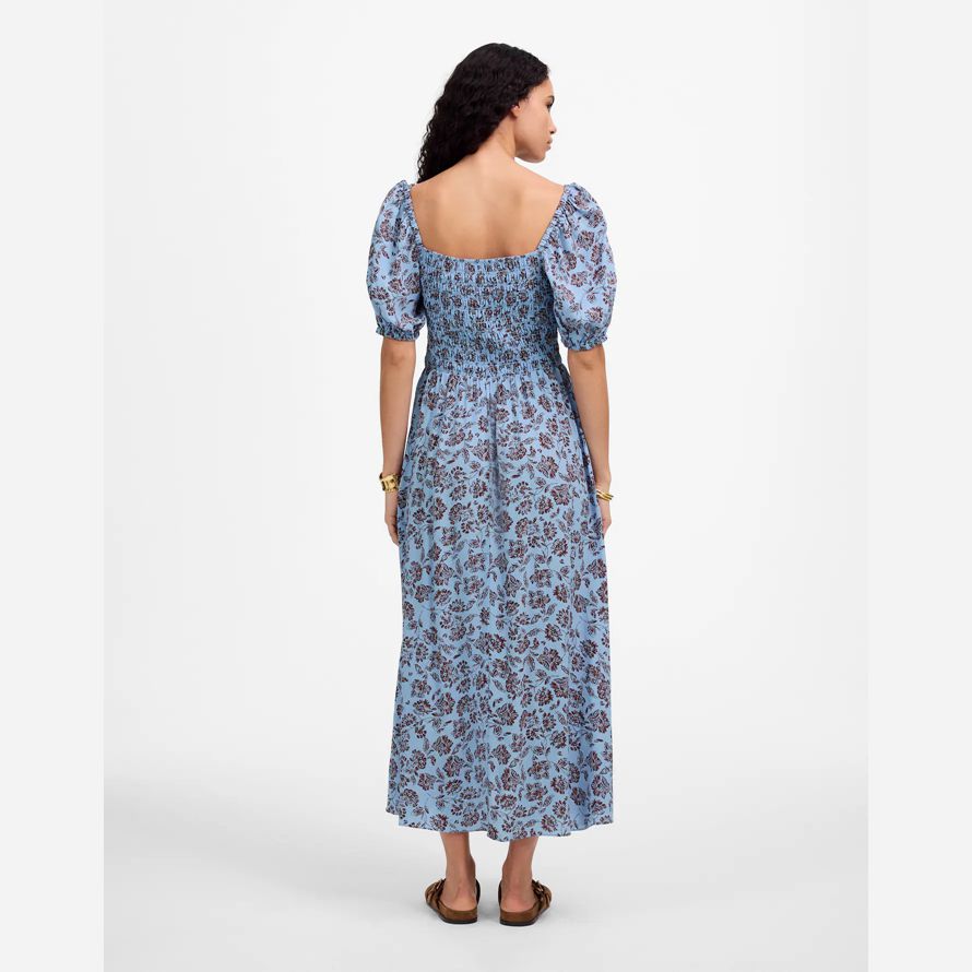 womens madewell smocked puff-sleeve dress blue dark brown