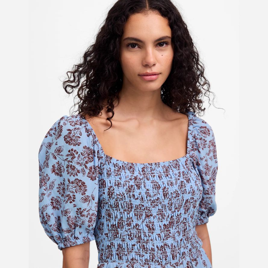 womens madewell smocked puff-sleeve dress blue dark brown