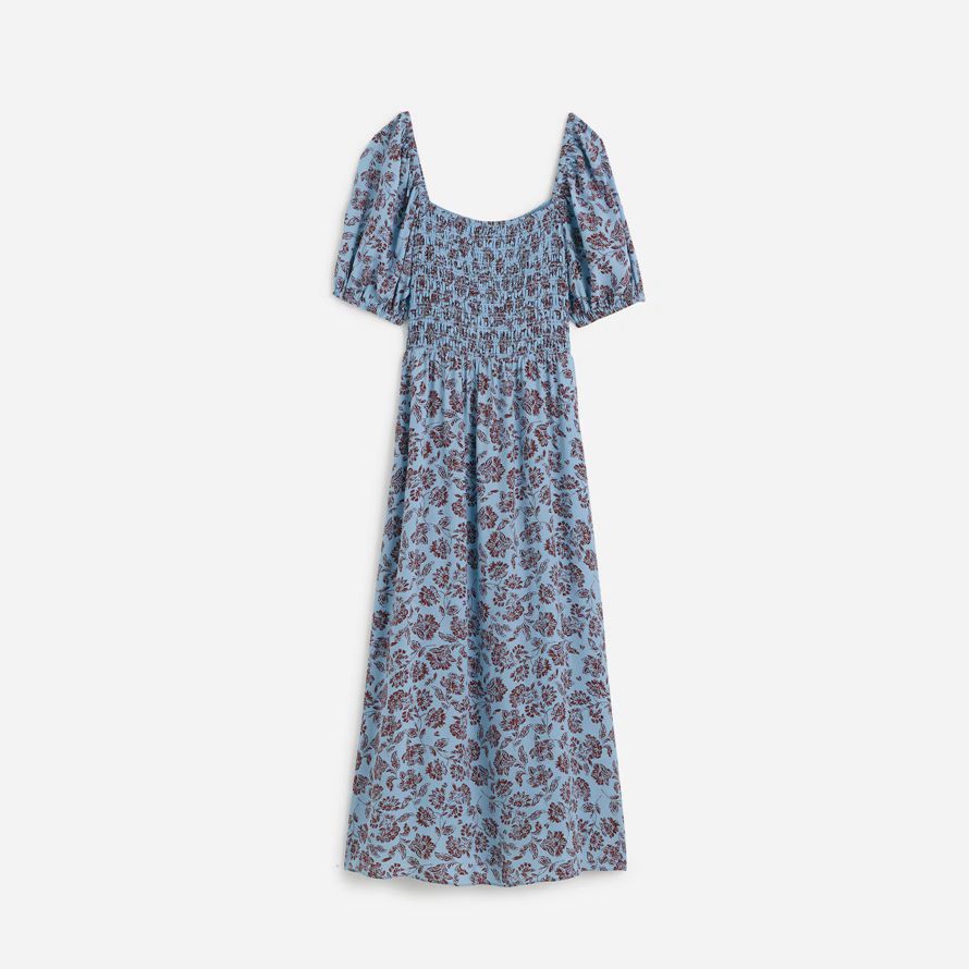 womens madewell smocked puff-sleeve dress blue dark brown