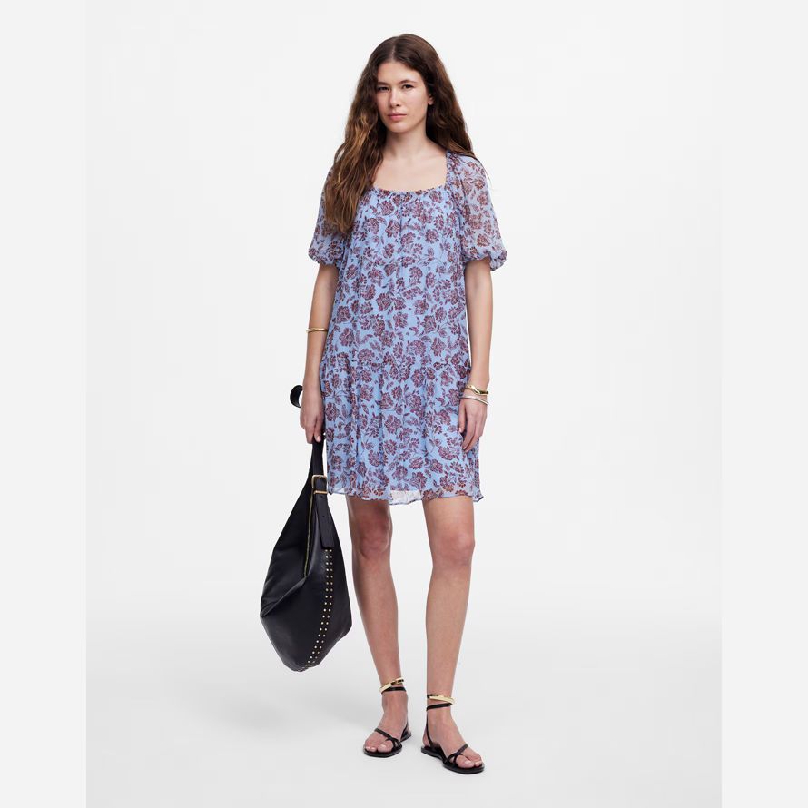 madewell puff-sleeve mini womens dress blue chocolate
