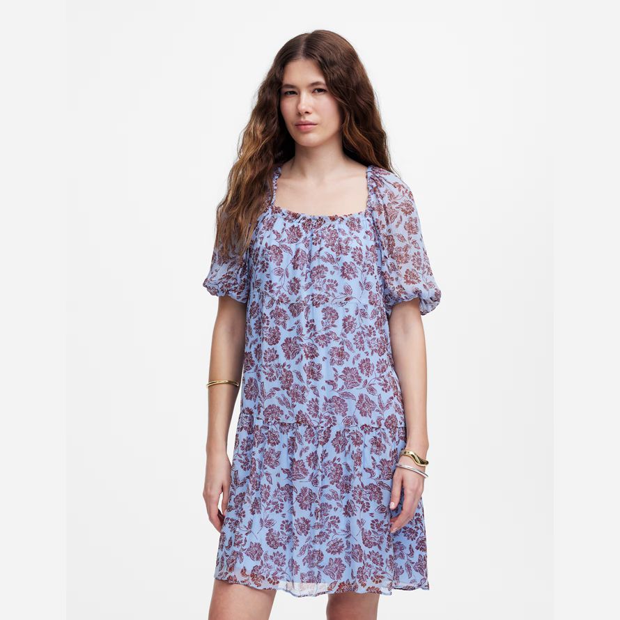 madewell puff-sleeve mini womens dress blue chocolate