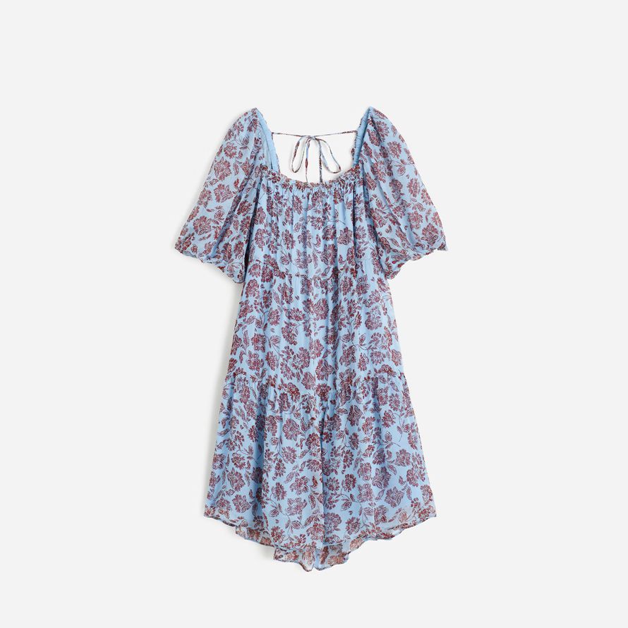 madewell puff-sleeve mini womens dress blue chocolate