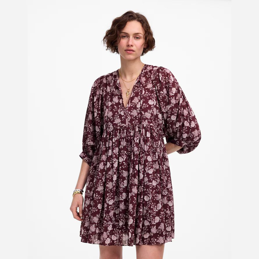 dark red pink madewell splitneck puff-sleeve womens dress