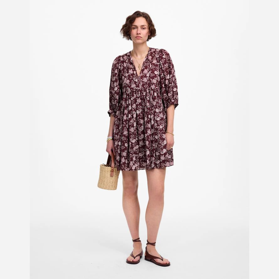 dark red pink madewell splitneck puff-sleeve womens dress