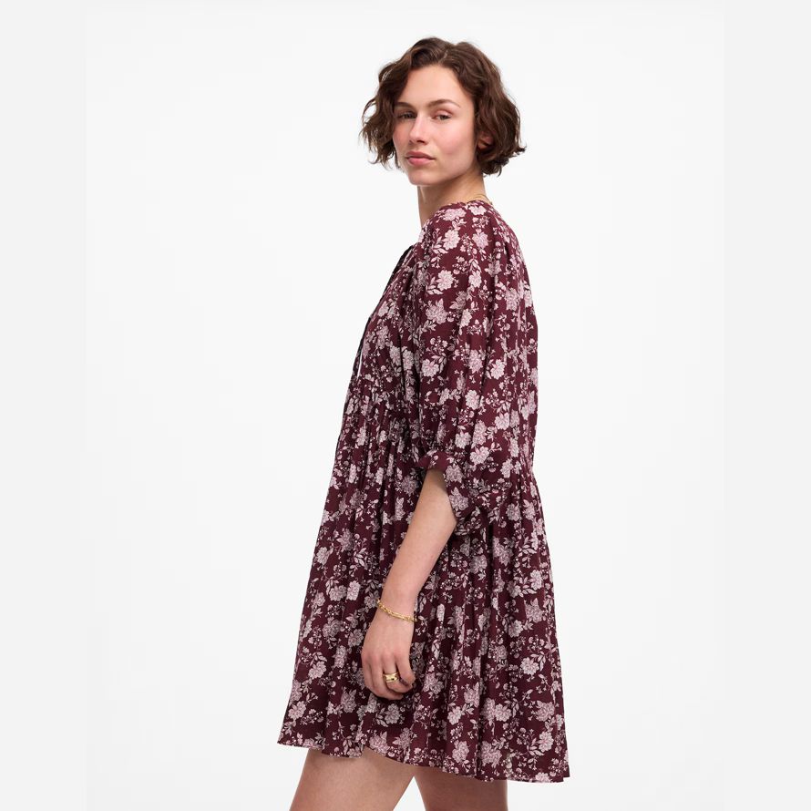 dark red pink madewell splitneck puff-sleeve womens dress