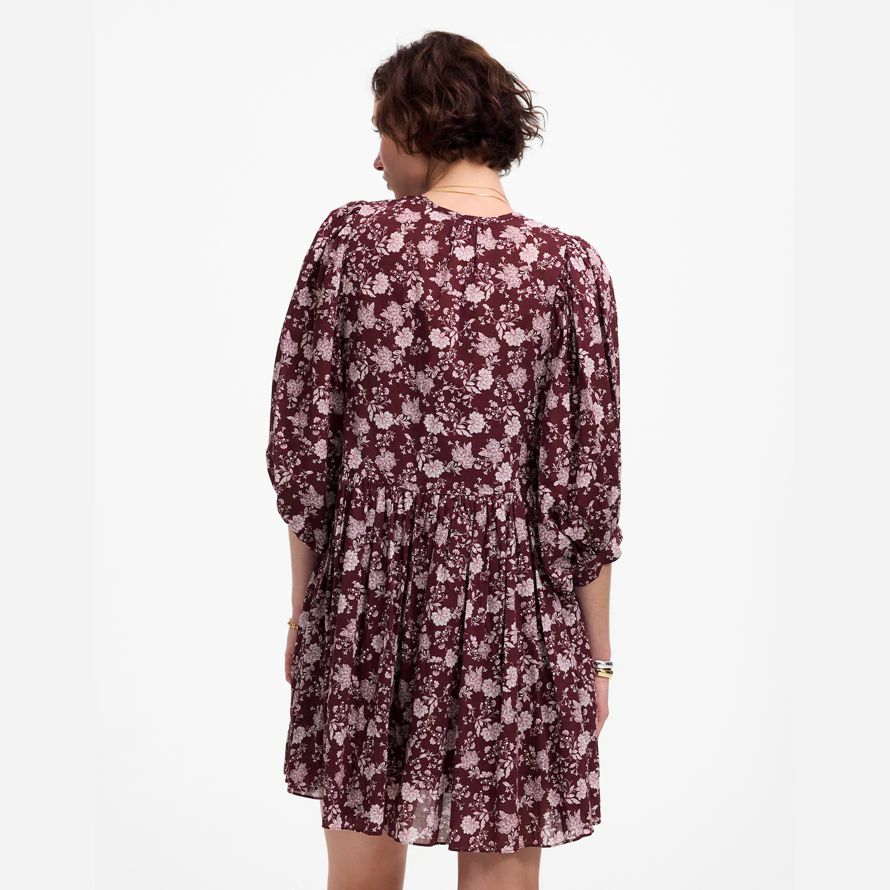 dark red pink madewell splitneck puff-sleeve womens dress
