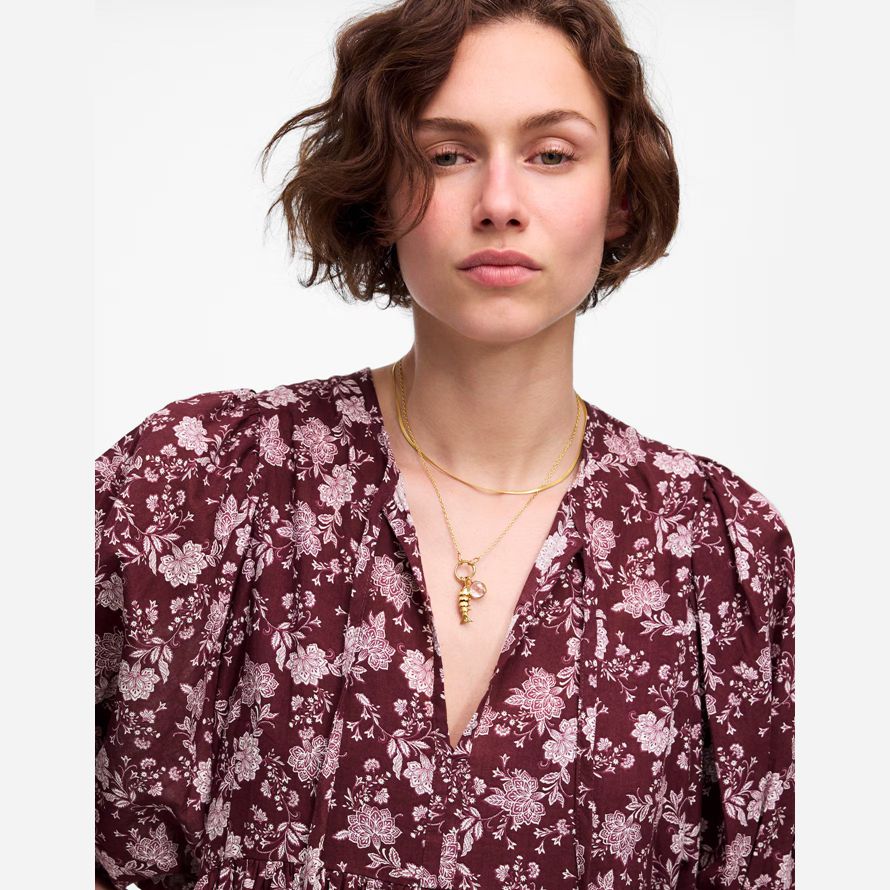dark red pink madewell splitneck puff-sleeve womens dress