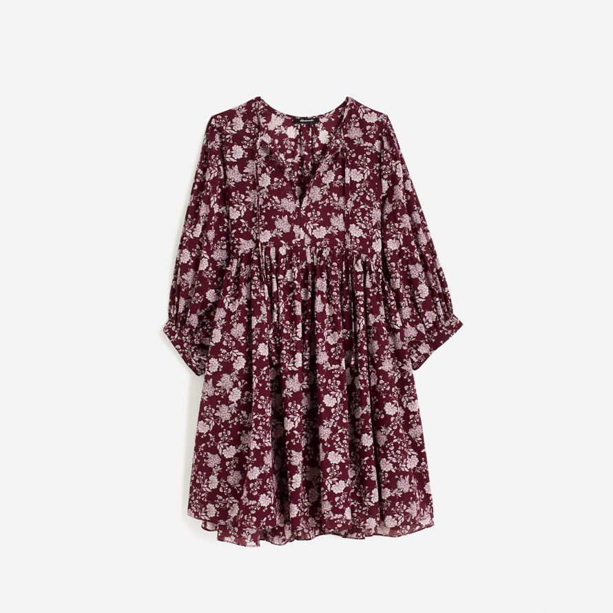 dark red pink madewell splitneck puff-sleeve womens dress