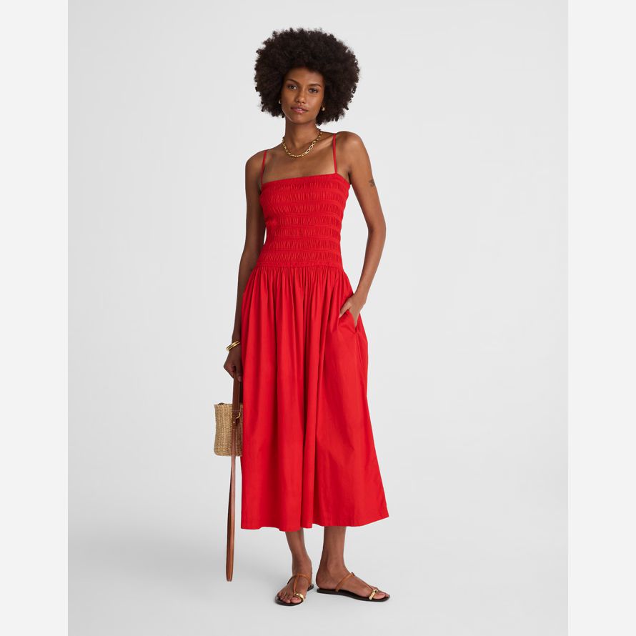 womens madewell poplin smocked maxi dress red