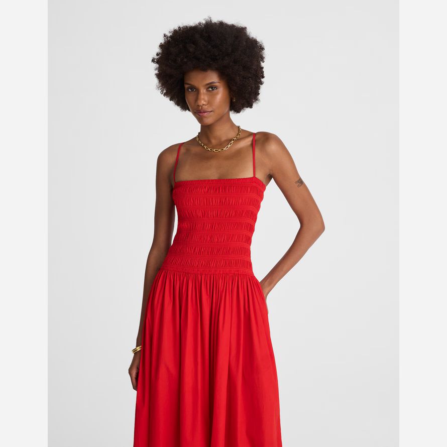 womens madewell poplin smocked maxi dress red