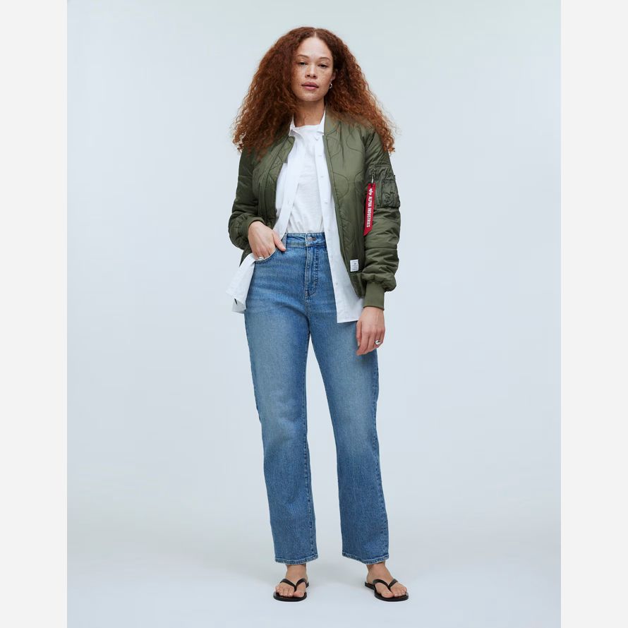 green womens madewell alpha industries l-2b quilted flight jackets