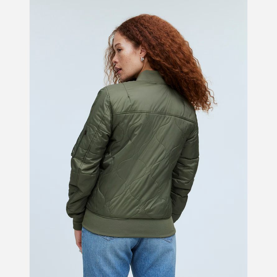 green womens madewell alpha industries l-2b quilted flight jackets