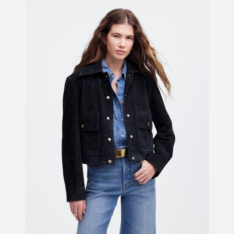 navy womens madewell crop chore suede jackets