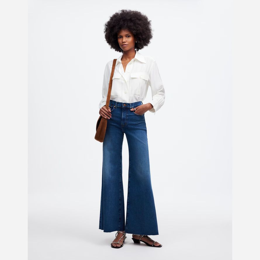 dark blue madewell flared wide-leg crop womens jeans
