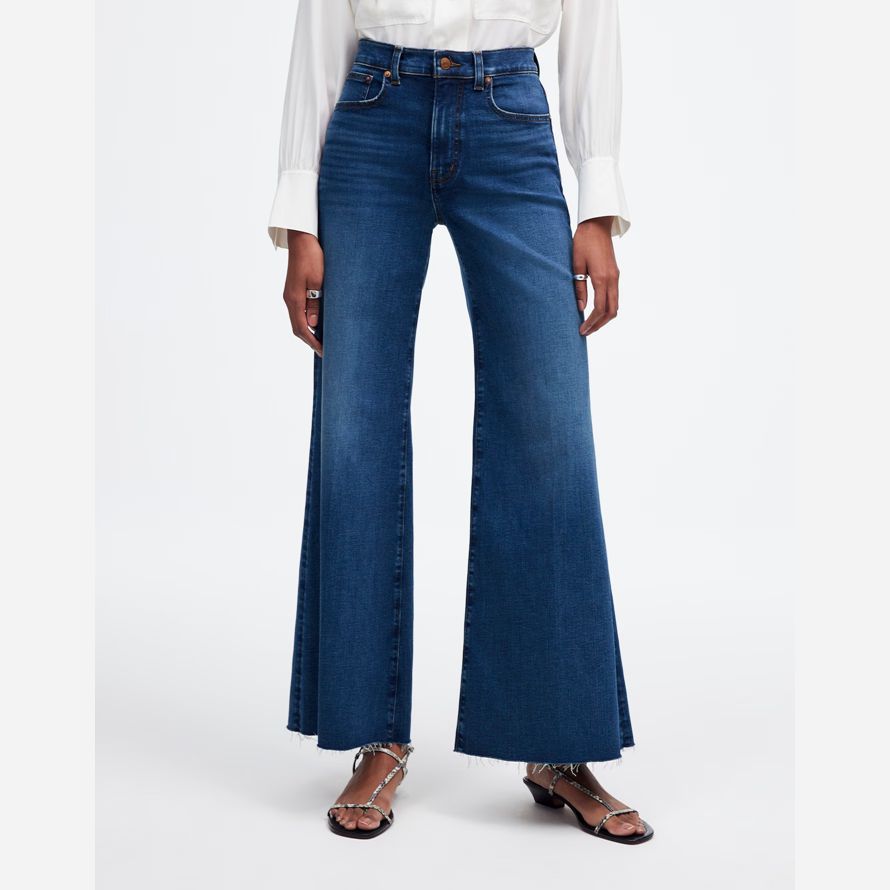 dark blue madewell flared wide-leg crop womens jeans