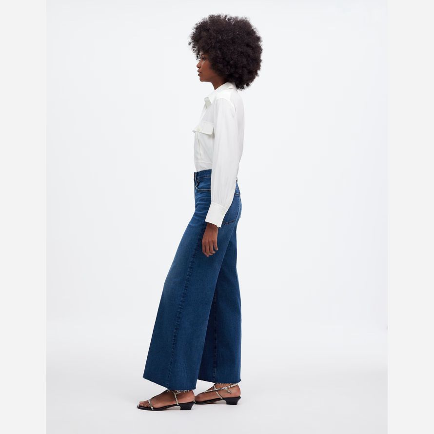 dark blue madewell flared wide-leg crop womens jeans