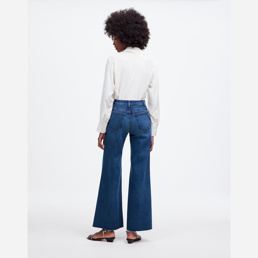 dark blue madewell flared wide-leg crop womens jeans