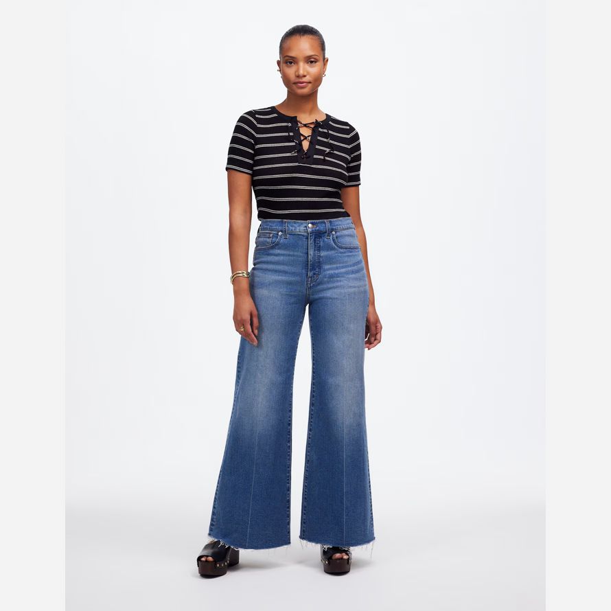 womens madewell curvy flared wide-leg crop jeans blue