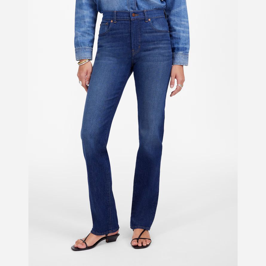 womens madewell the longline straight jeans dark blue