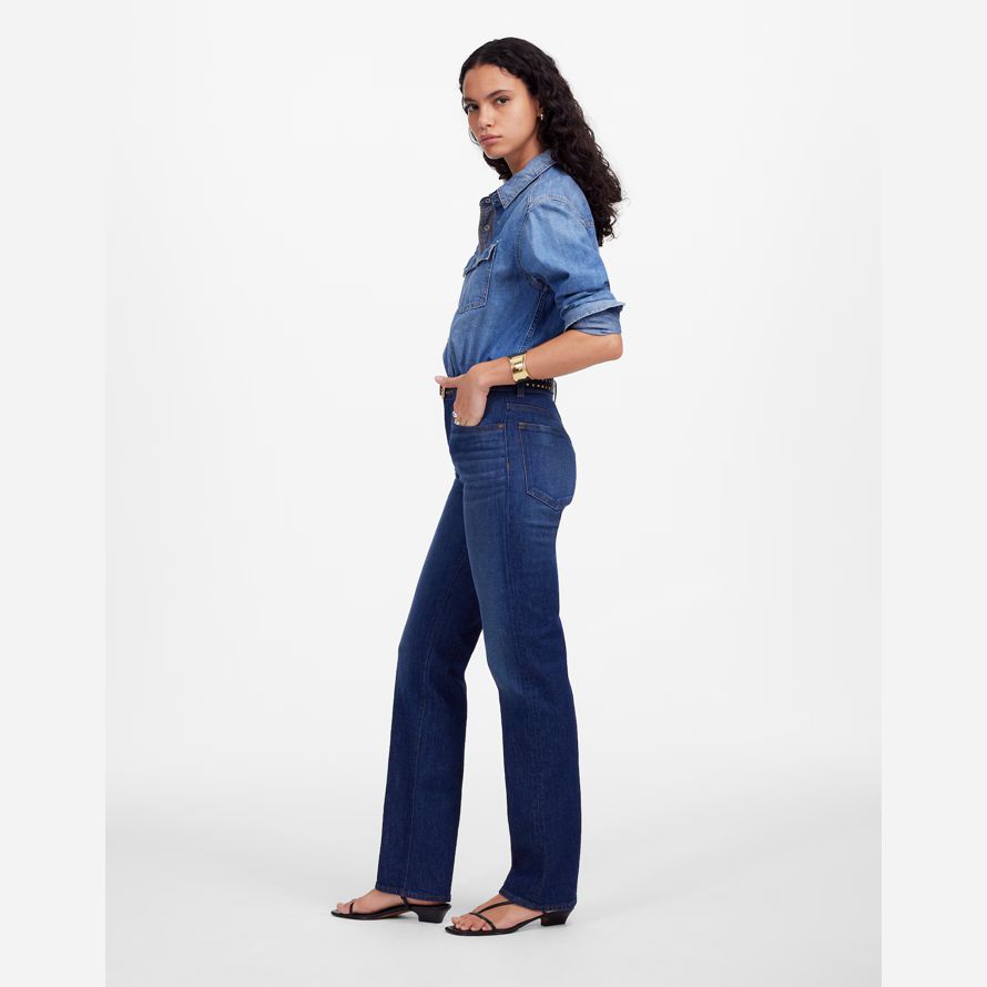 womens madewell the longline straight jeans dark blue