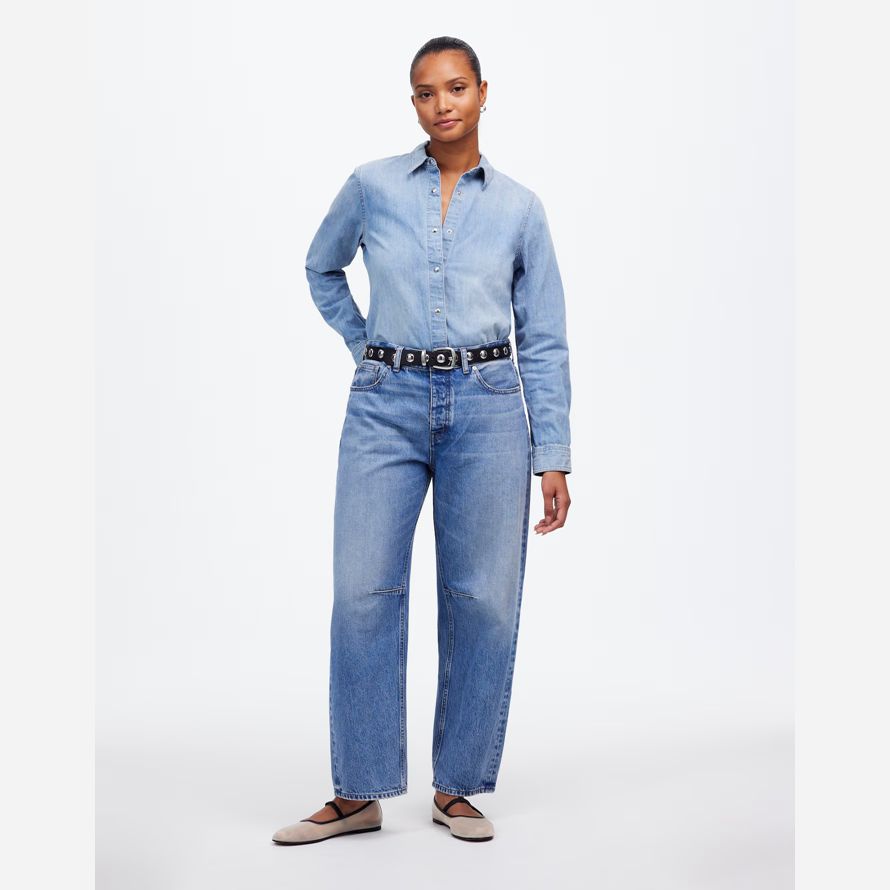 blue womens madewell the curvy darted barrel-leg jeans