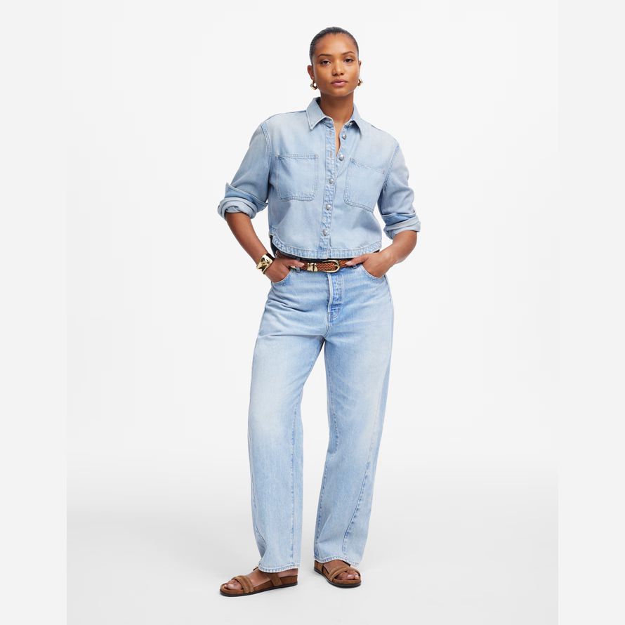 womens madewell the curvy pieced barrel-leg jeans light blue