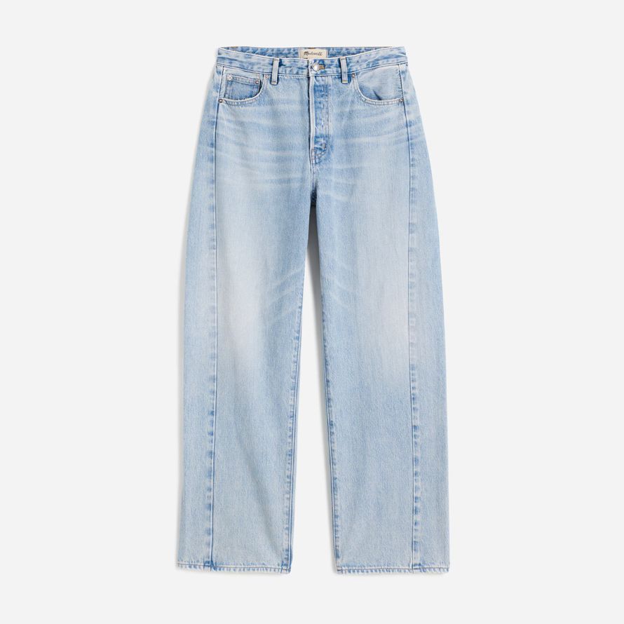 womens madewell the curvy pieced barrel-leg jeans light blue