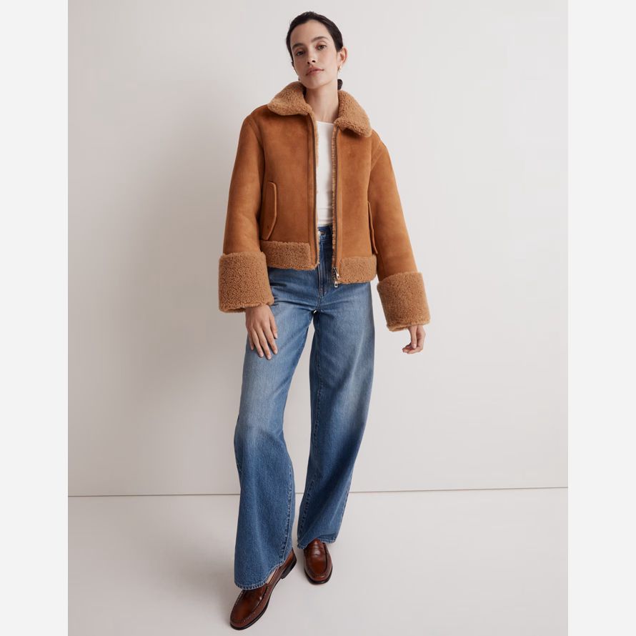 brown madewell shearling zip-front womens leather jacket