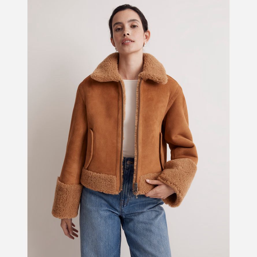 brown madewell shearling zip-front womens leather jacket